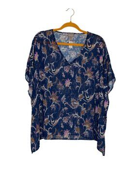 Chicos Sheer Dolman Top Blouse Shirt Asymmetrical Paisley Floral Blue S M